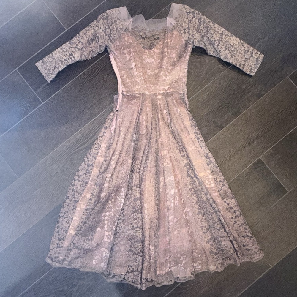 Vtg 1950s Emma Domb Pink Lace Party Dress Tea Fit & Flare Illusion Size XS *read - Picture 3 of 16